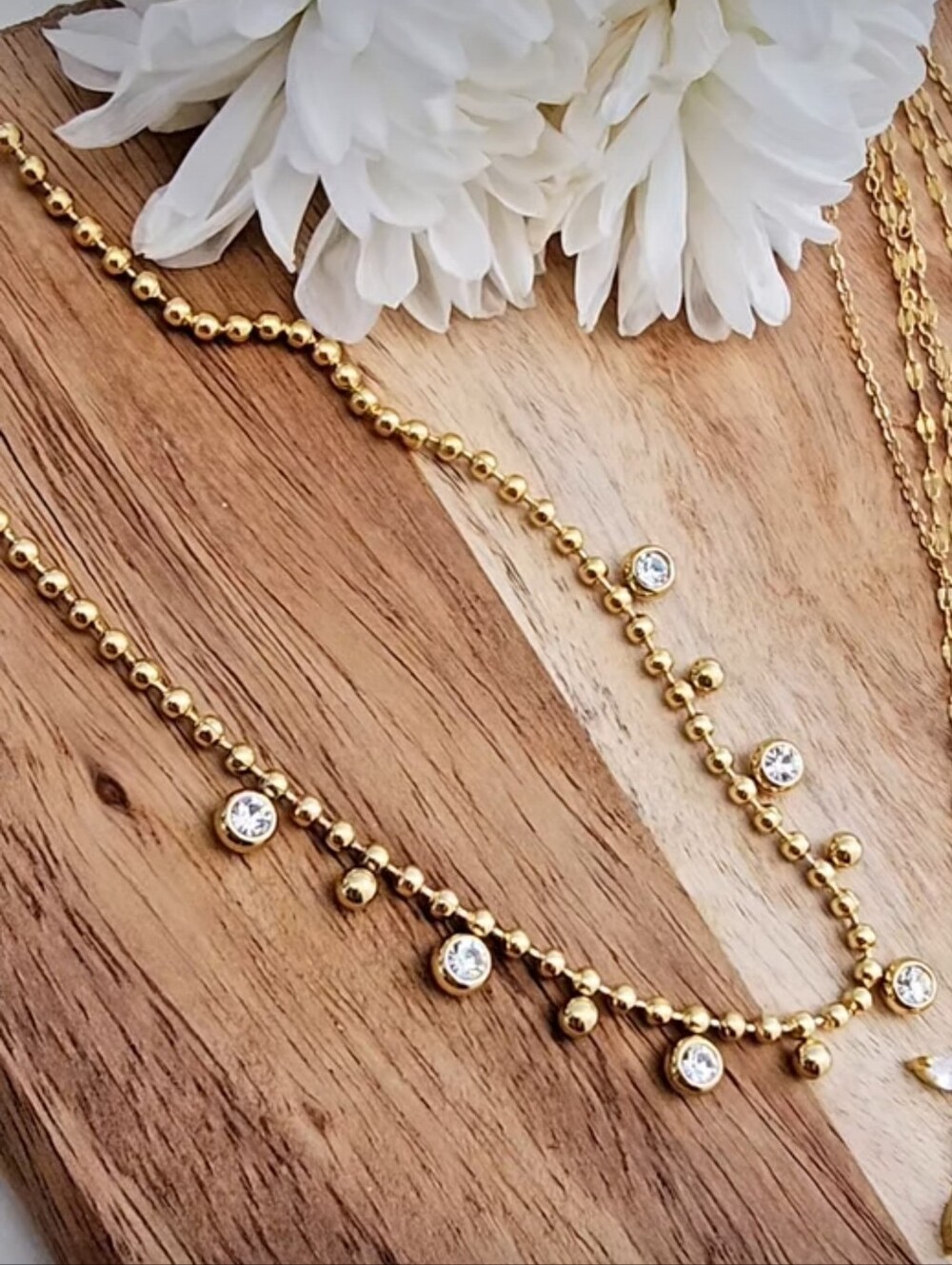 Gold Beaded Ball Chain Crystal Bezel Charm Drop Choker Necklace NWOT